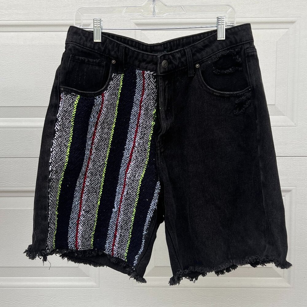 Reworked Black Distressed Denim Cut Off Shorts With Colorful Baja Stripe Patch